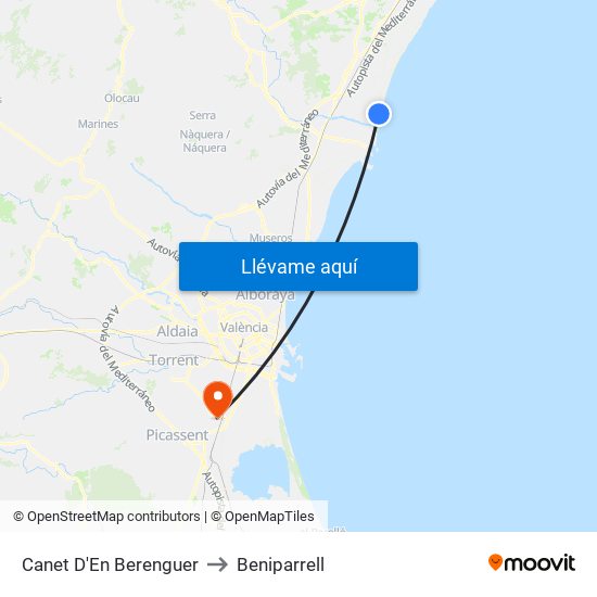 Canet D'En Berenguer to Beniparrell map