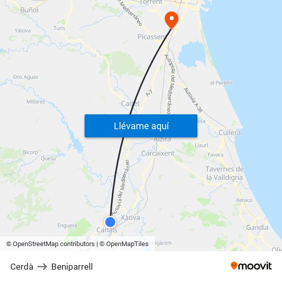 Cerdà to Beniparrell map