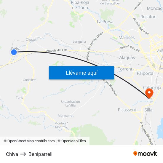 Chiva to Beniparrell map