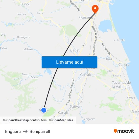 Enguera to Beniparrell map