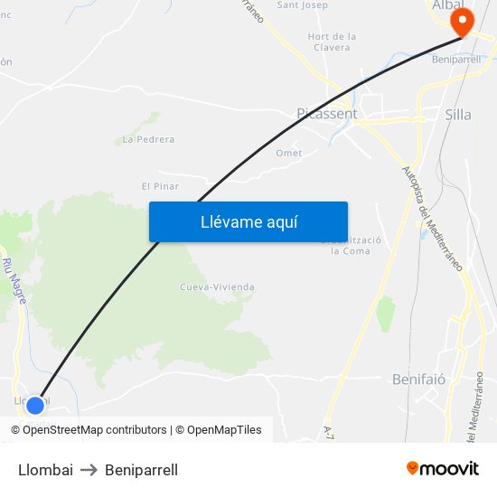 Llombai to Beniparrell map