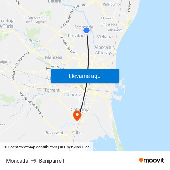 Moncada to Beniparrell map