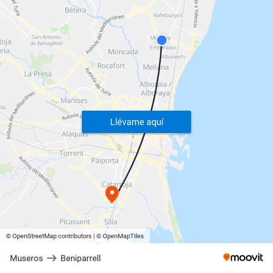 Museros to Beniparrell map