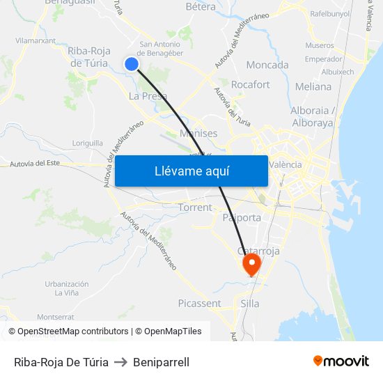 Riba-Roja De Túria to Beniparrell map