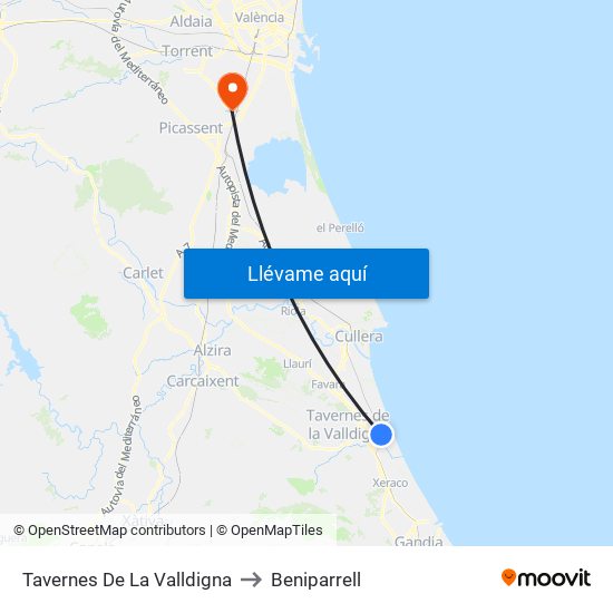 Tavernes De La Valldigna to Beniparrell map