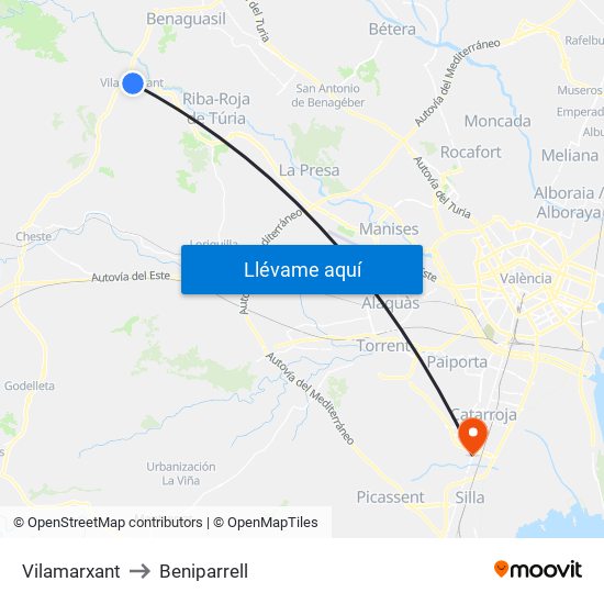 Vilamarxant to Beniparrell map