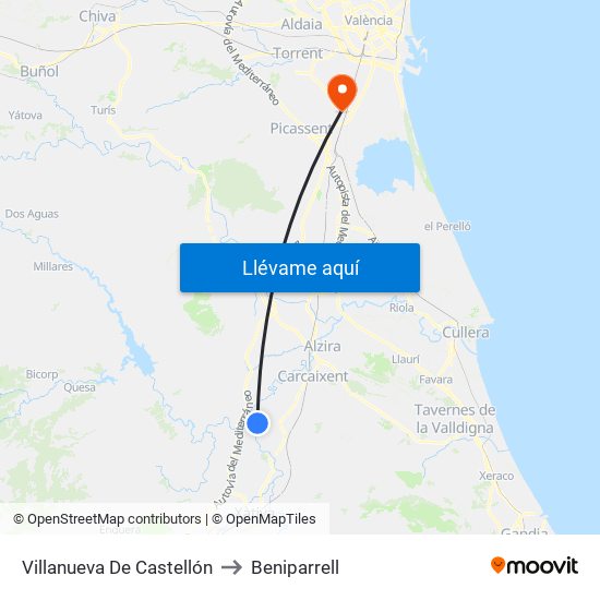 Villanueva De Castellón to Beniparrell map