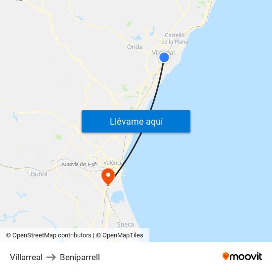 Villarreal to Beniparrell map