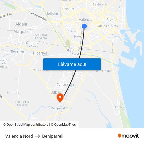 Valencia Nord to Beniparrell map