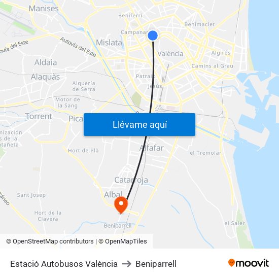 Estació Autobusos València to Beniparrell map