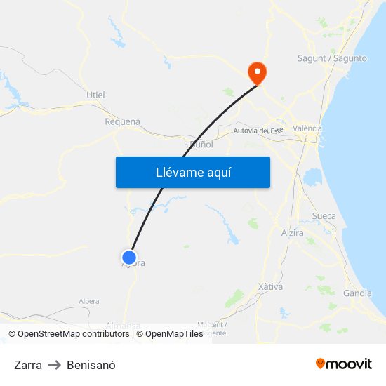 Zarra to Benisanó map