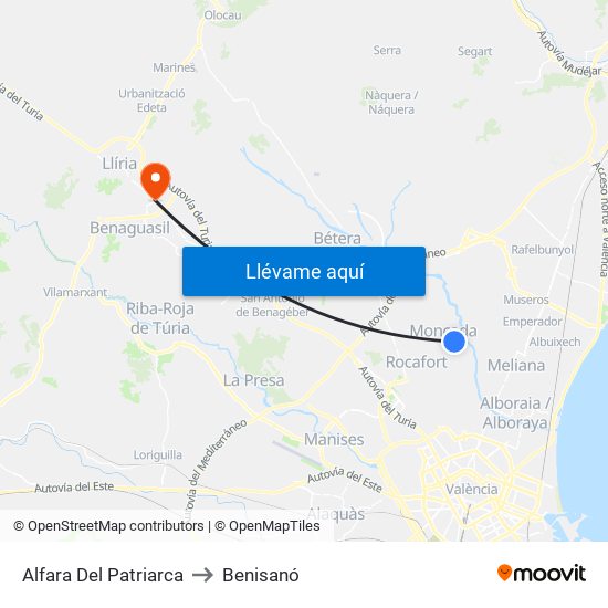 Alfara Del Patriarca to Benisanó map