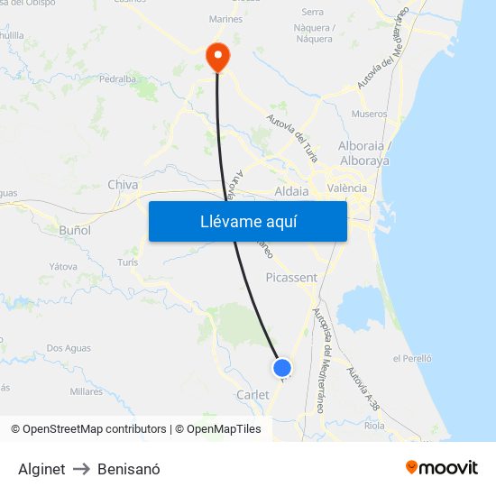 Alginet to Benisanó map