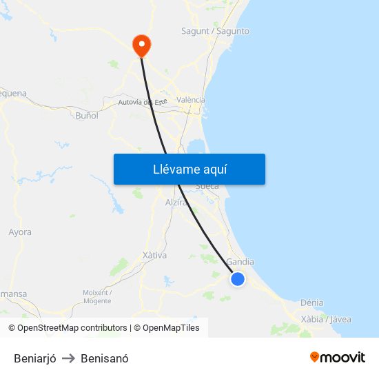 Beniarjó to Benisanó map