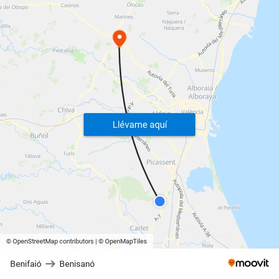 Benifaió to Benisanó map