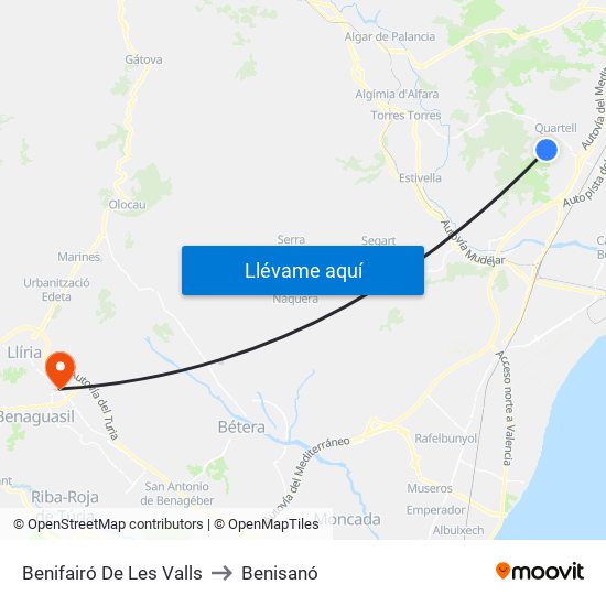 Benifairó De Les Valls to Benisanó map