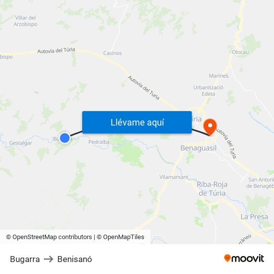 Bugarra to Benisanó map