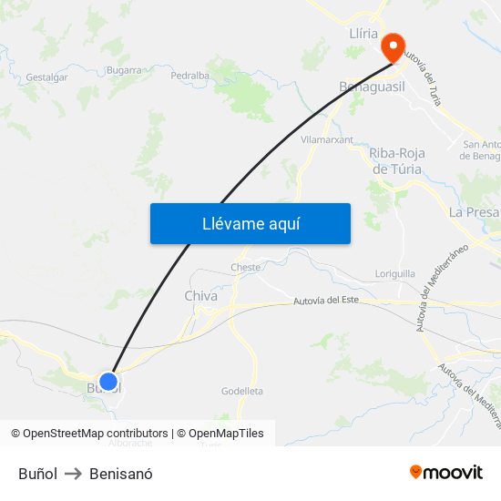 Buñol to Benisanó map
