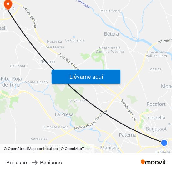 Burjassot to Benisanó map