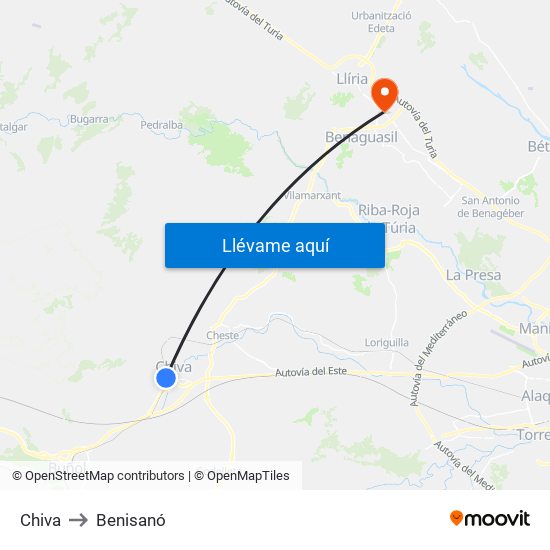 Chiva to Benisanó map