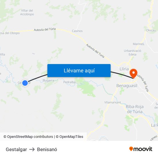 Gestalgar to Benisanó map