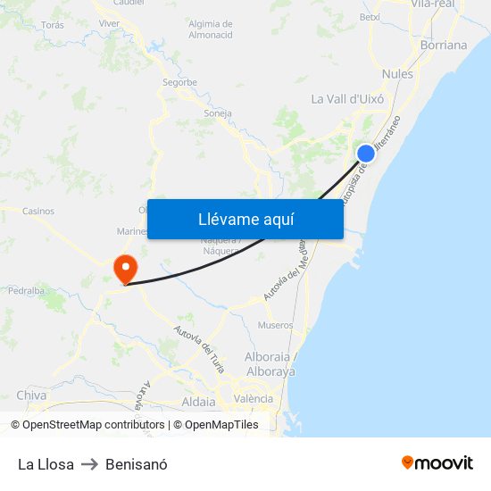 La Llosa to Benisanó map