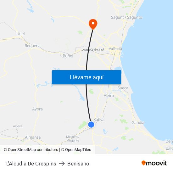 L'Alcúdia De Crespins to Benisanó map