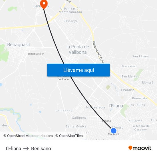 L'Eliana to Benisanó map