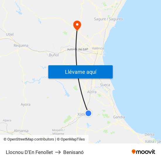 Llocnou D'En Fenollet to Benisanó map