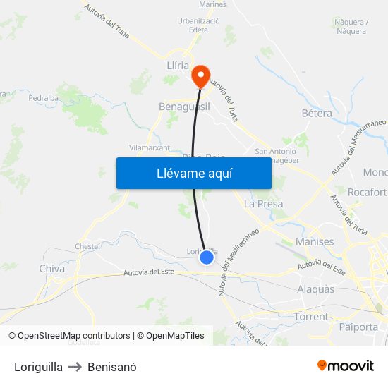 Loriguilla to Benisanó map