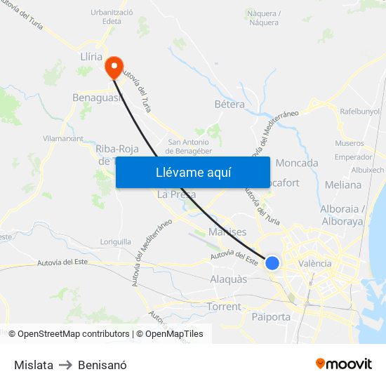 Mislata to Benisanó map
