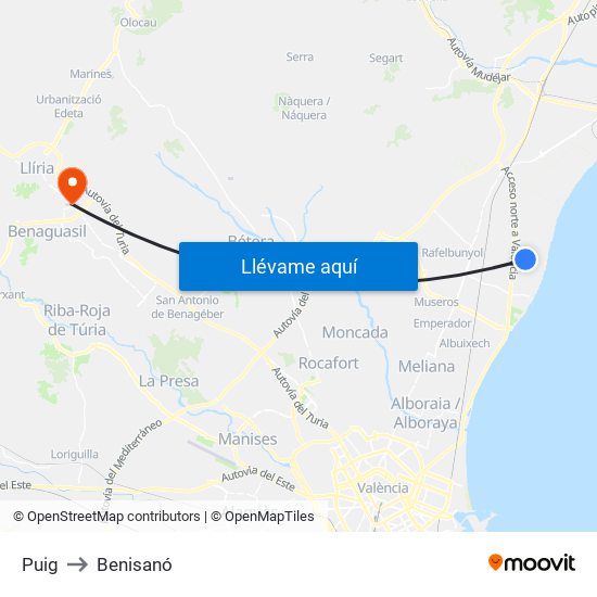 Puig to Benisanó map