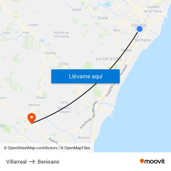 Villarreal to Benisanó map