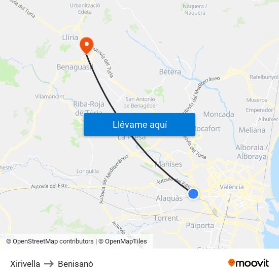 Xirivella to Benisanó map
