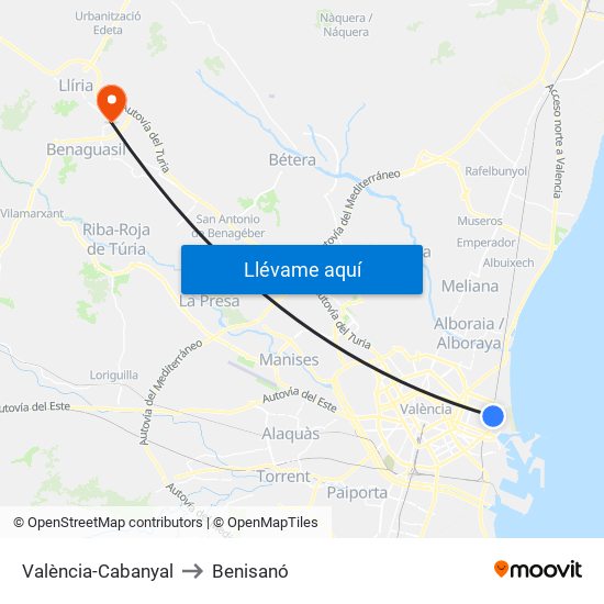 València-Cabanyal to Benisanó map