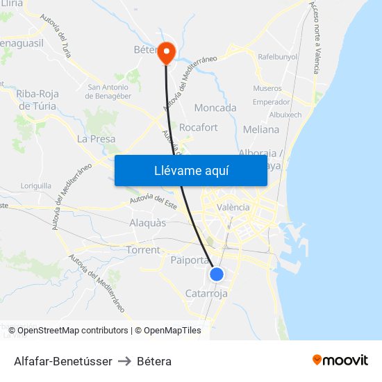 Alfafar-Benetússer to Bétera map