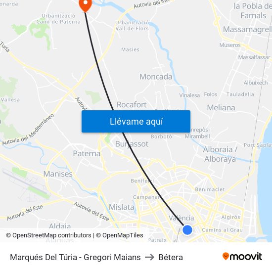 Marqués Del Túria - Gregori Maians to Bétera map