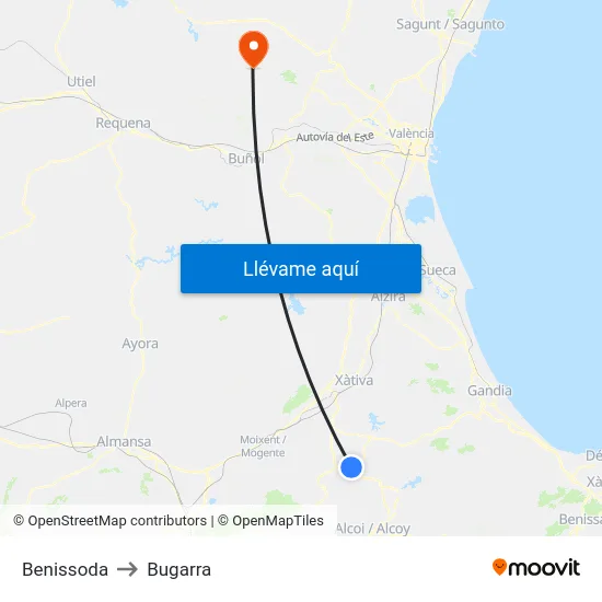 Benissoda to Bugarra map