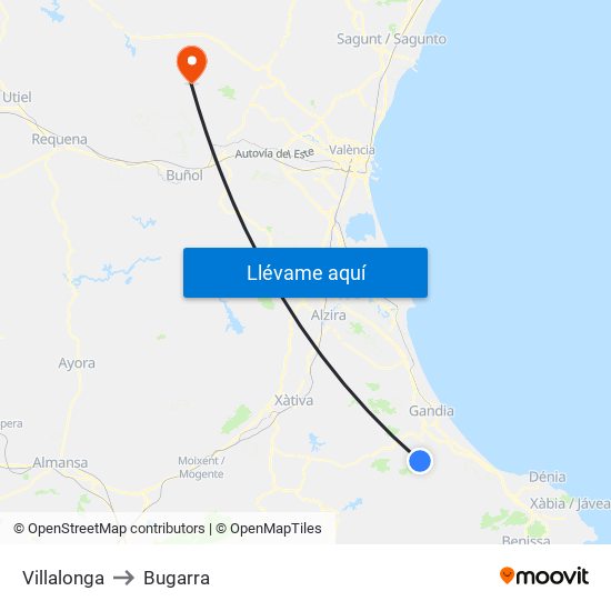 Villalonga to Bugarra map