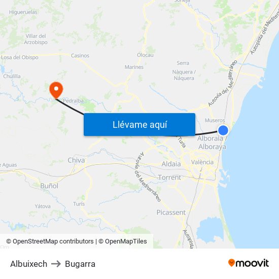 Albuixech to Bugarra map