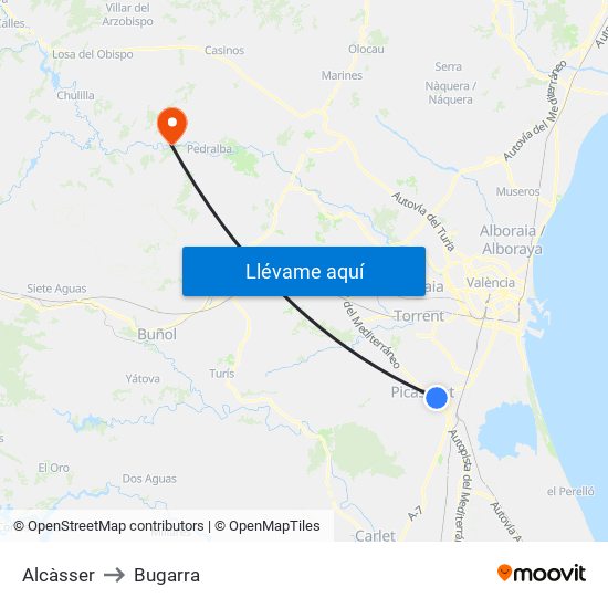 Alcàsser to Bugarra map