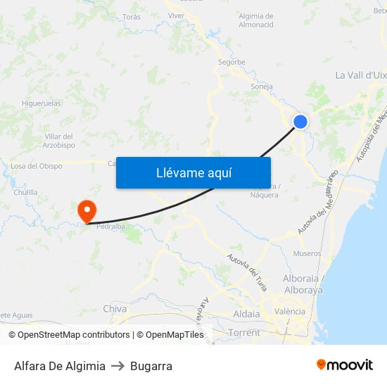 Alfara De Algimia to Bugarra map