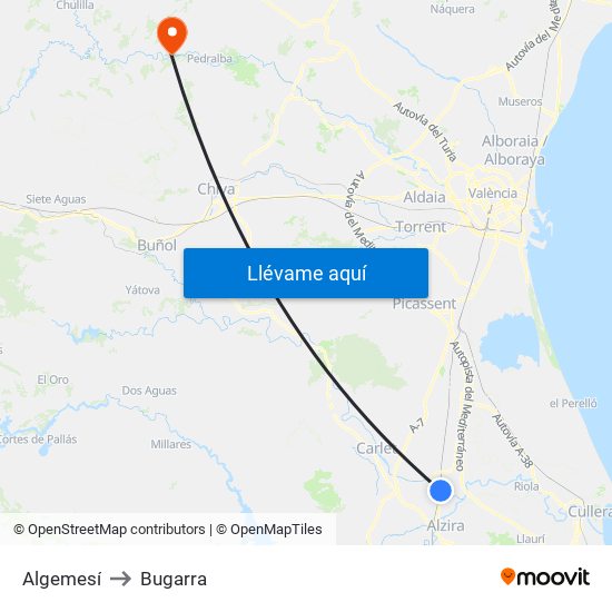 Algemesí to Bugarra map