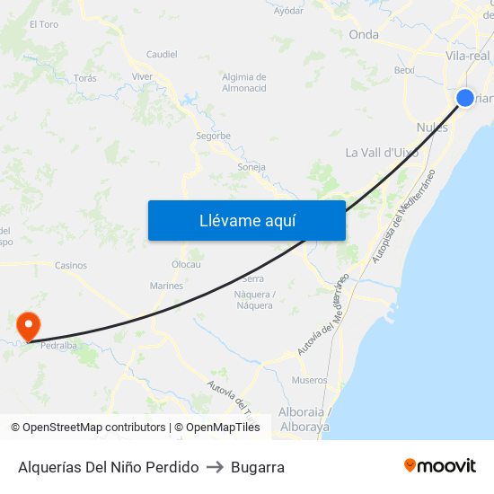 Alquerías Del Niño Perdido to Bugarra map