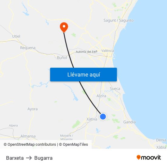 Barxeta to Bugarra map