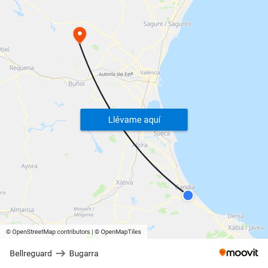 Bellreguard to Bugarra map