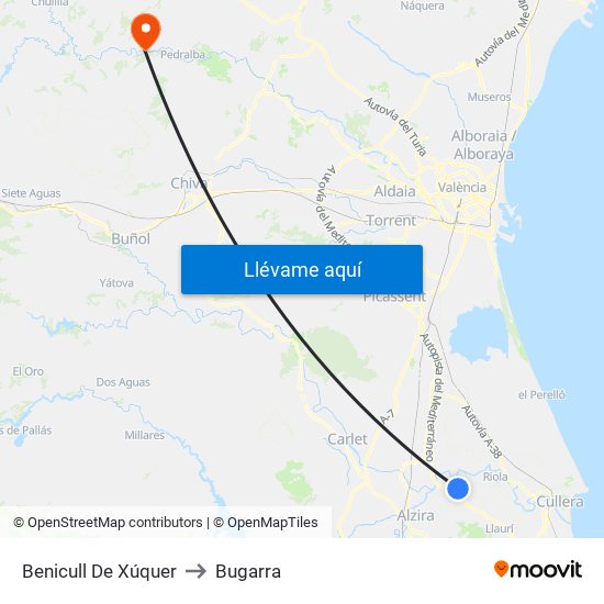 Benicull De Xúquer to Bugarra map