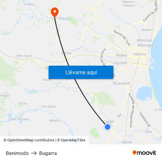 Benimodo to Bugarra map
