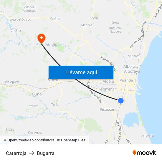 Catarroja to Bugarra map