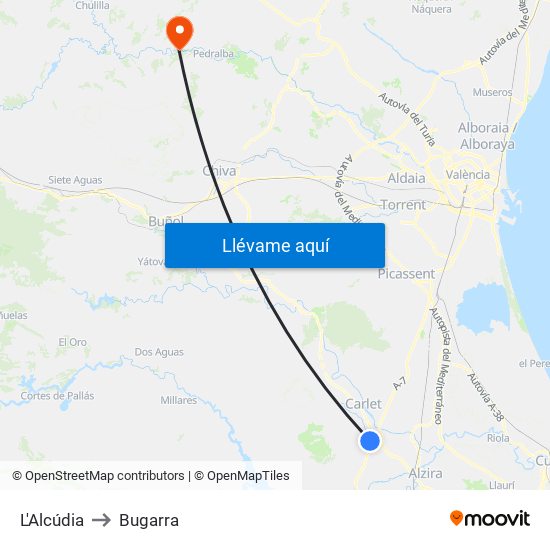 L'Alcúdia to Bugarra map